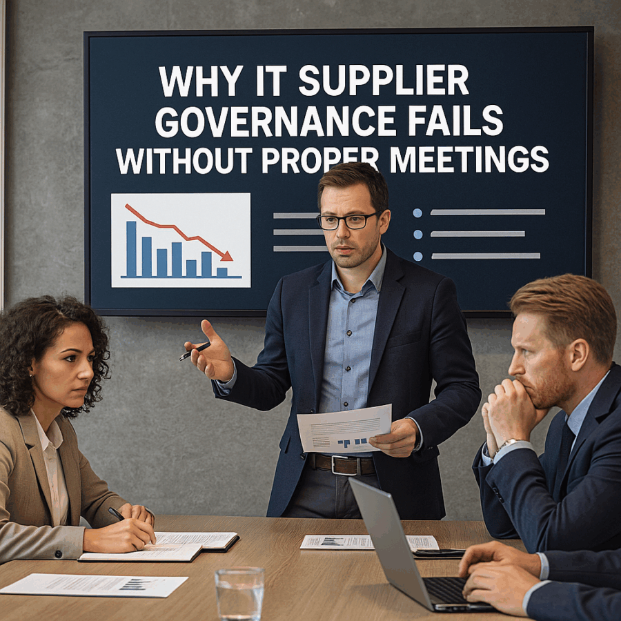 Business team discussing IT supplier governance challenges during a meeting with charts showing value loss.