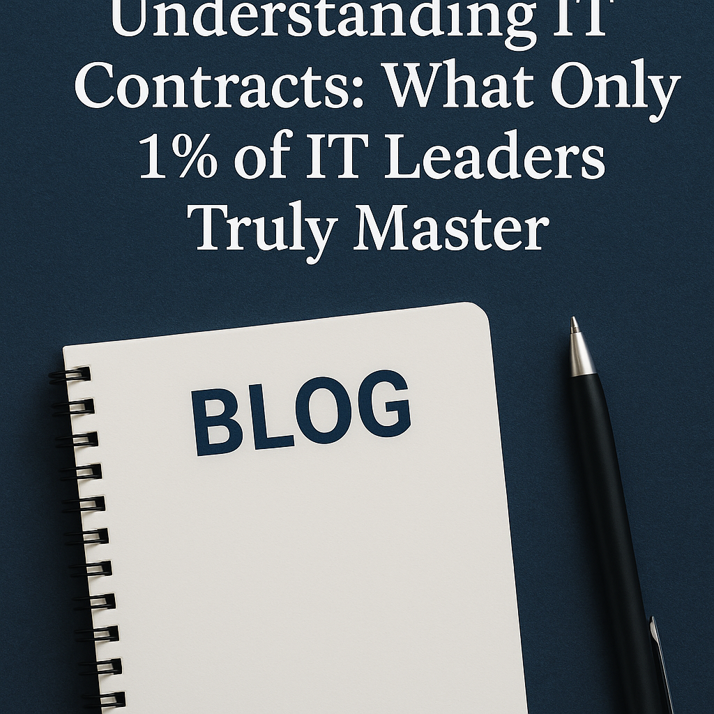 Minimalist blog cover image titled “Understanding IT Contracts: What Only 1% of IT Leaders Truly Master,” featuring a notebook labeled BLOG and a pen on a dark blue background.